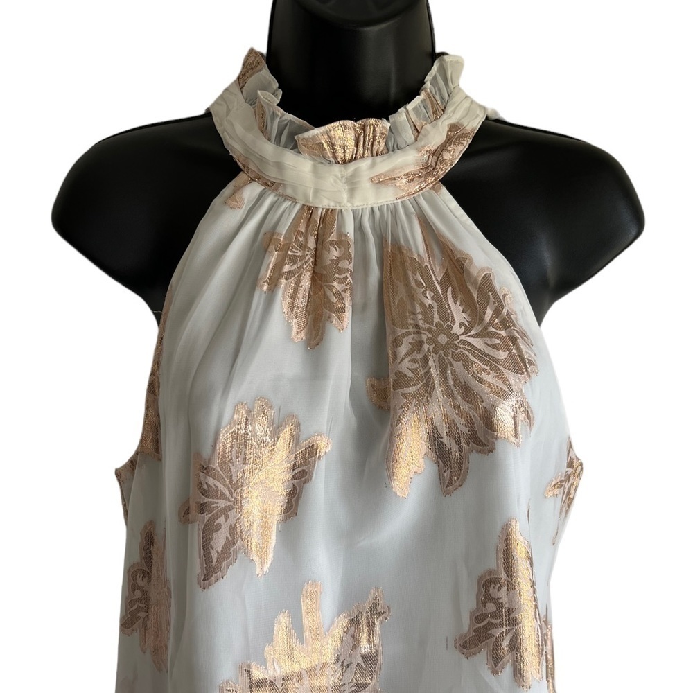 Express White Sleeveless Halter Top With Gold Foil Floral Print Size Small - Picture 2 of 5